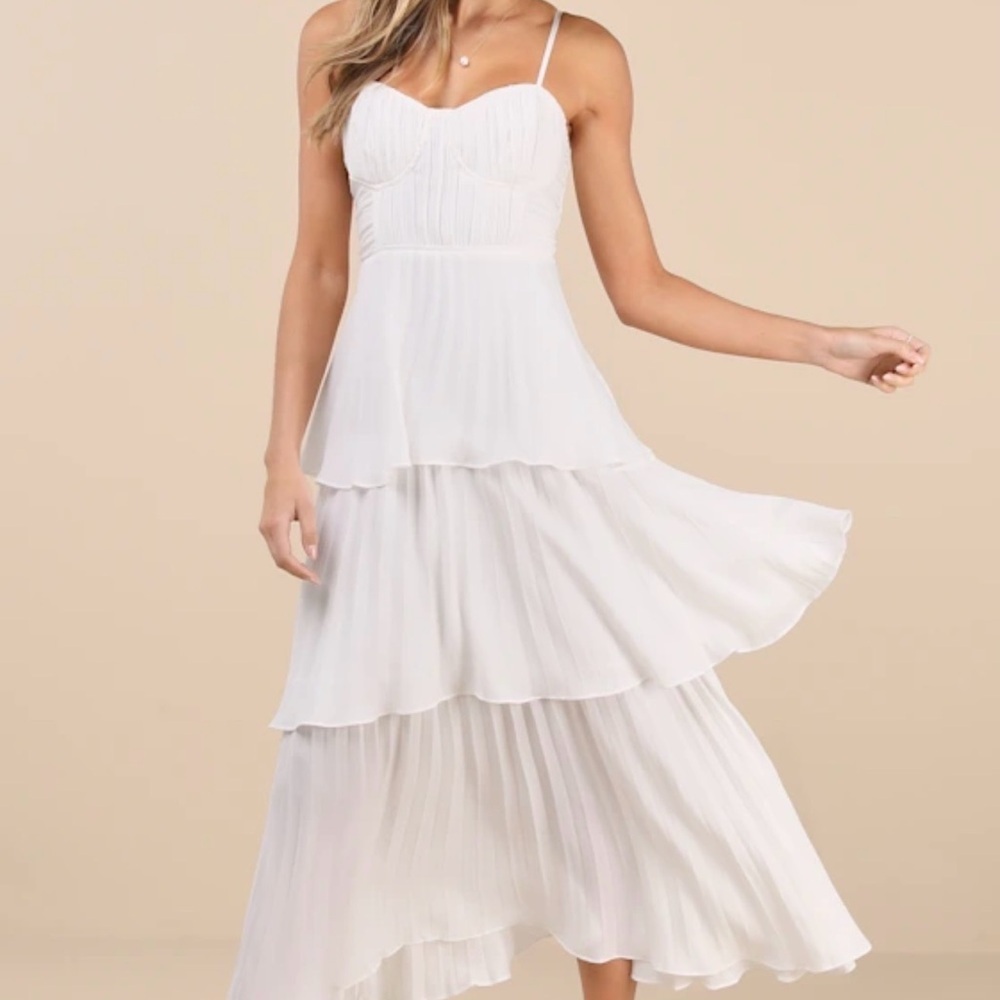Cascading Crush White Tiered Bustier Midi Dress